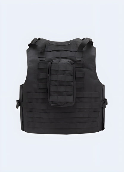 Back view of a techwear tactical vest, showcasing its sleek design and practical features, perfect for the UK's urban landscapes.