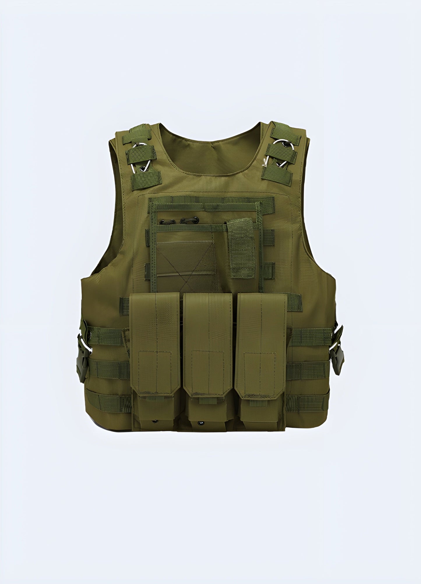 Front view of a techwear tactical vest, highlighting its modern aesthetics and versatile storage options, ideal for UK streetwear enthusiasts.