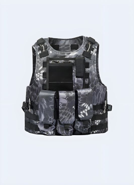 Close-up front view of a techwear tactical vest, emphasizing its cutting-edge design and functional elements, a must-have for UK techwear aficionados.