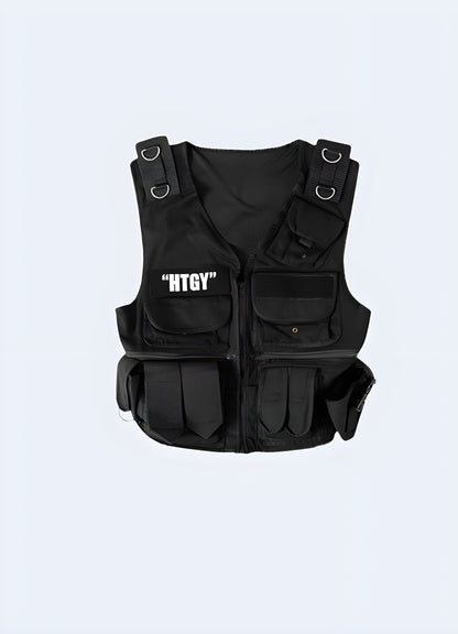 Back view of a techwear utility vest, showcasing its practical design and multiple storage options, perfect for urban explorers in the UK.