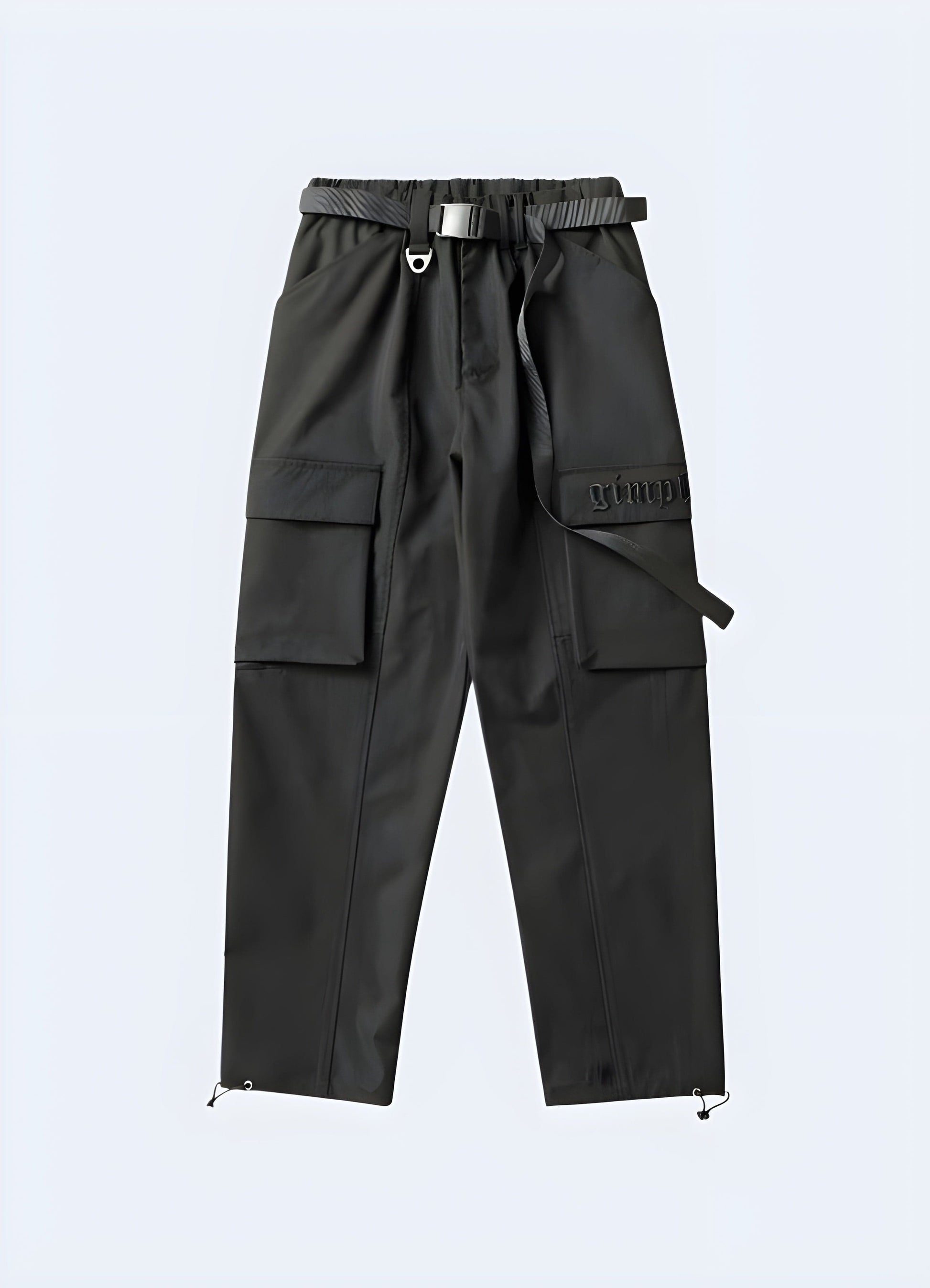 Front view of trendy black cargo pants for men, UK style.