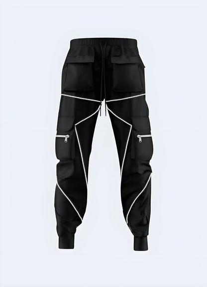 Front view of black reflective safety trousers, designed to improve visibility and conform to UK safety standards for workwear.