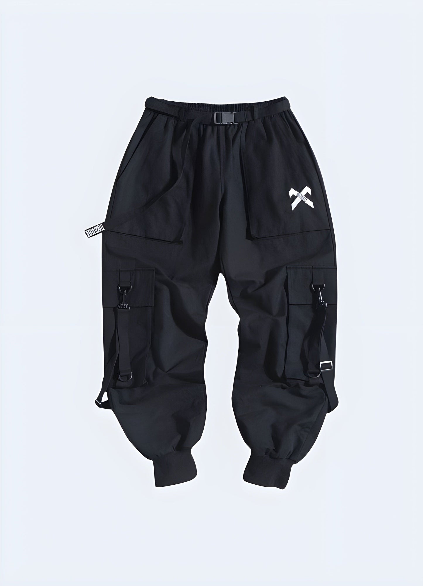 Black techwear trousers for men with functional pockets and straps, front view, perfect for UK urban fashion.