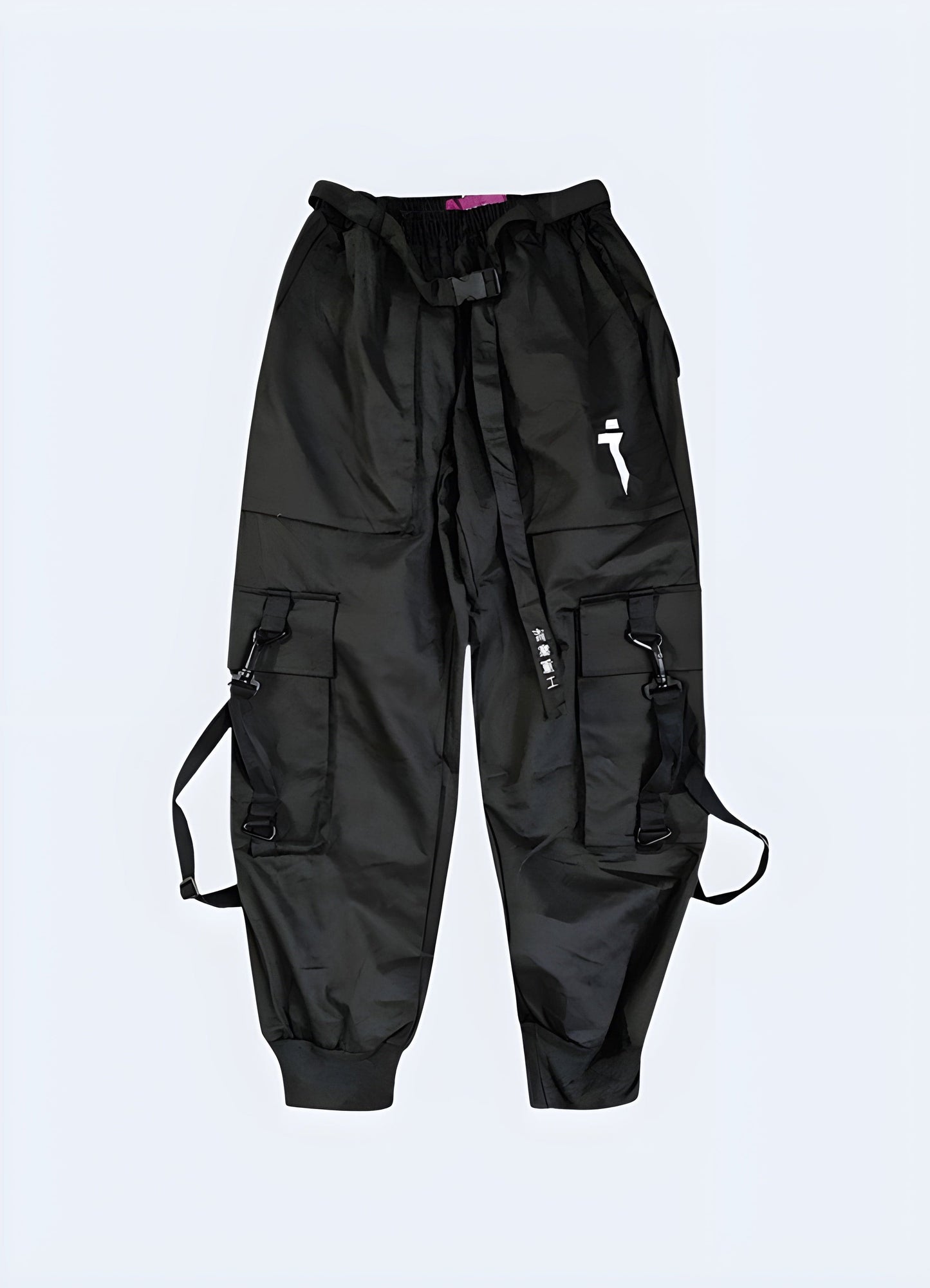 Black techwear ninja pants, front view, UK tactical trousers for men.