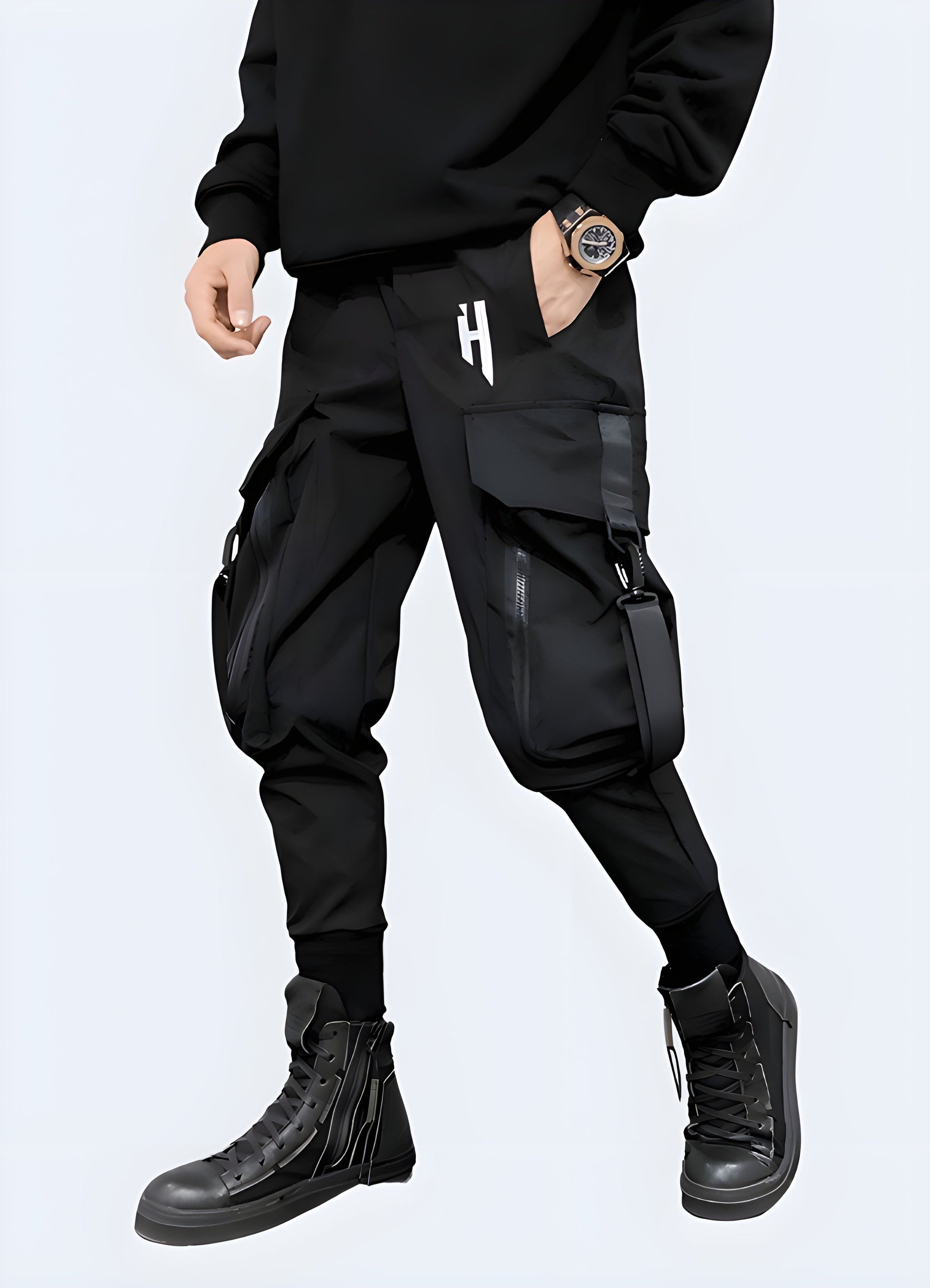 Side profile of man wearing black techwear cargo trousers with zipper details, UK streetwear.