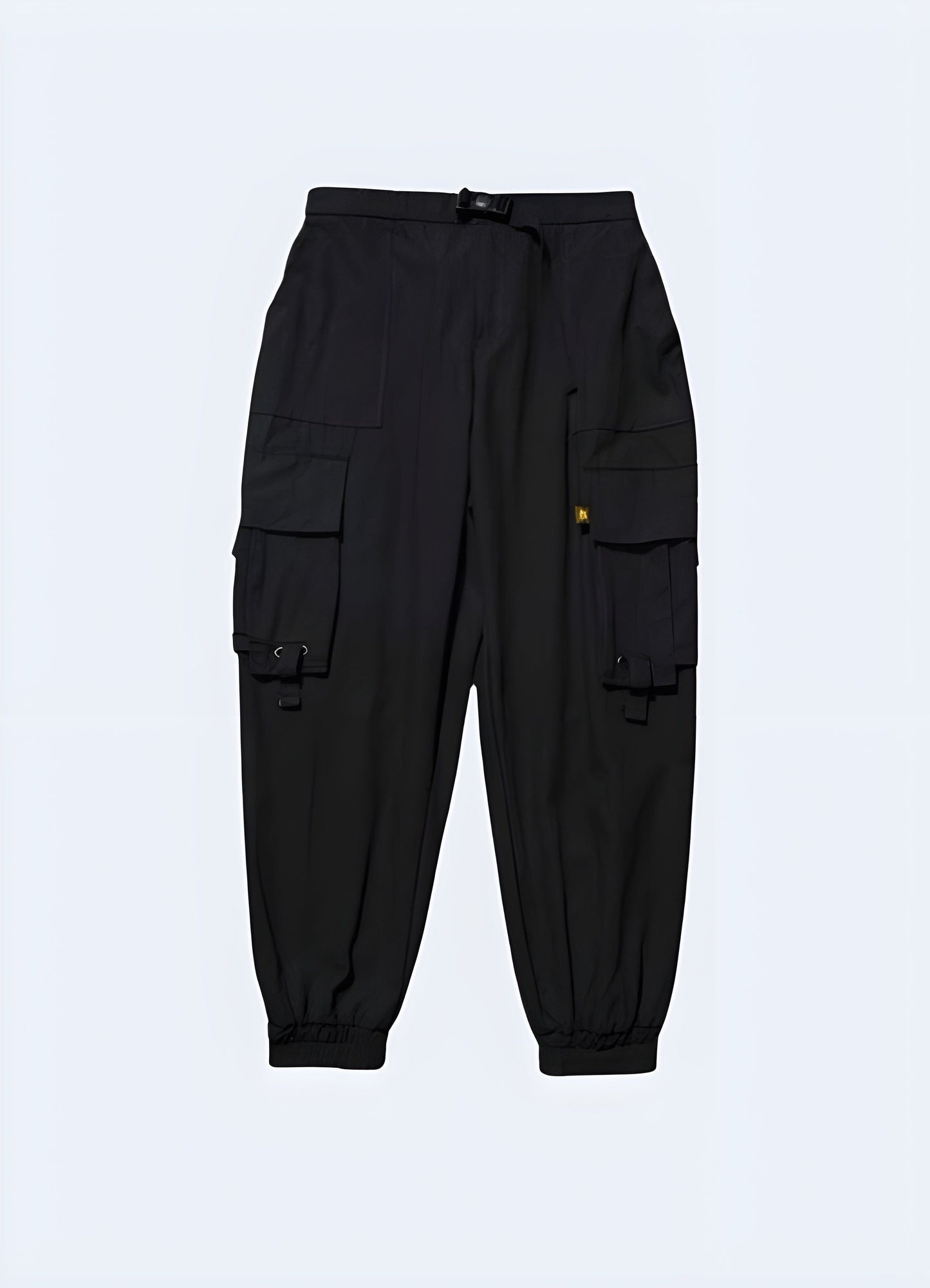 Futuristic black techwear cargo pants with adjustable straps and functional pockets, front view, UK urban style.