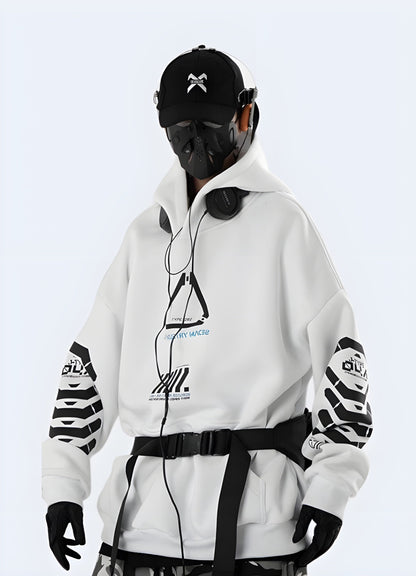 Man wearing a white cyberpunk-style hoodie with futuristic design elements, back view, available in the UK.