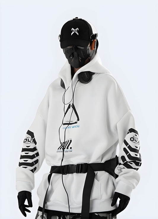 Man wearing a white cyberpunk-style hoodie with futuristic design elements, back view, available in the UK.