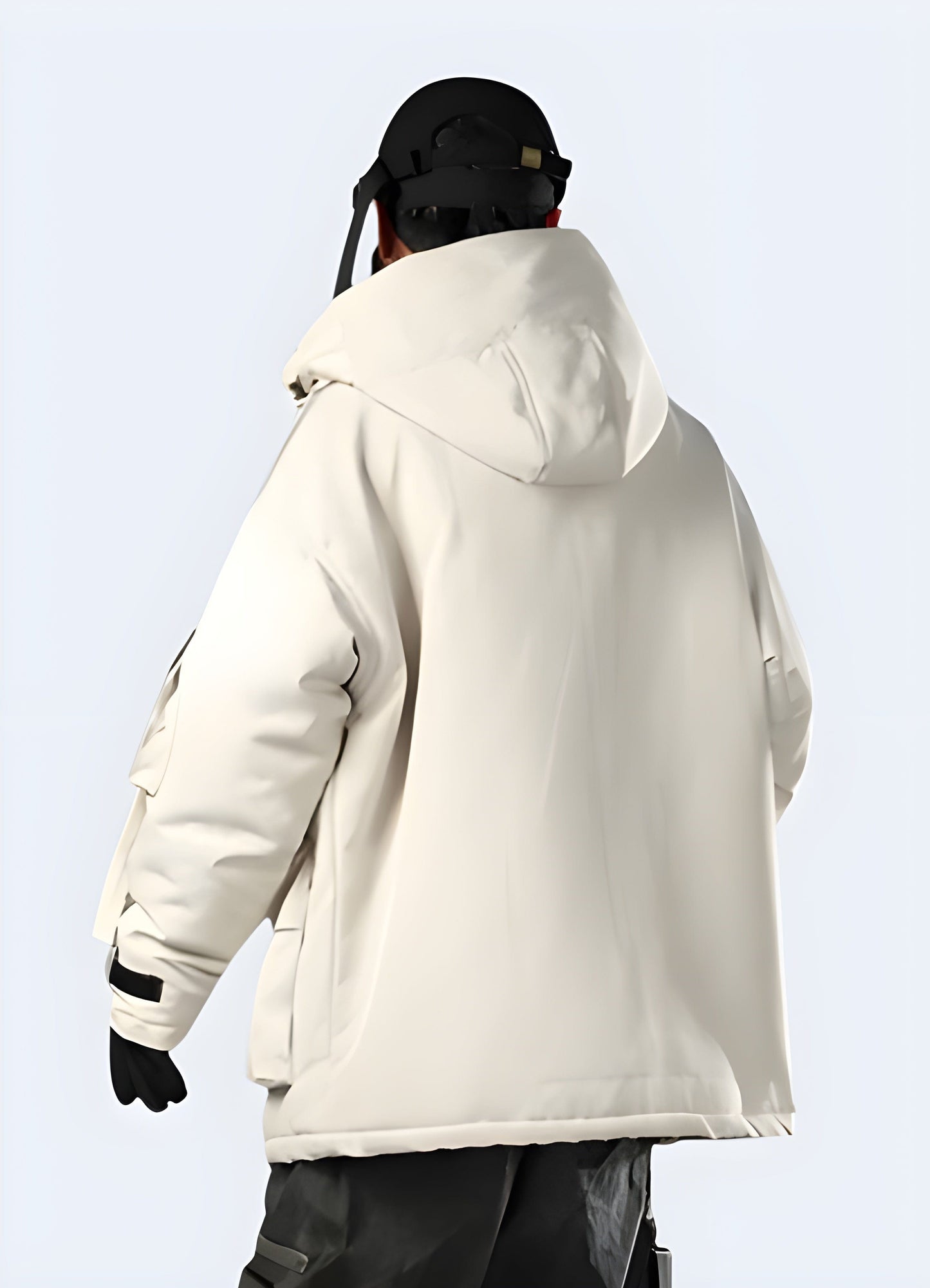 Back view of a white streetwear jacket showcasing ribbed details, highlighting its modern aesthetics, high-quality construction, and eye-catching features, perfect for style-conscious individuals in the UK's streetwear scene.