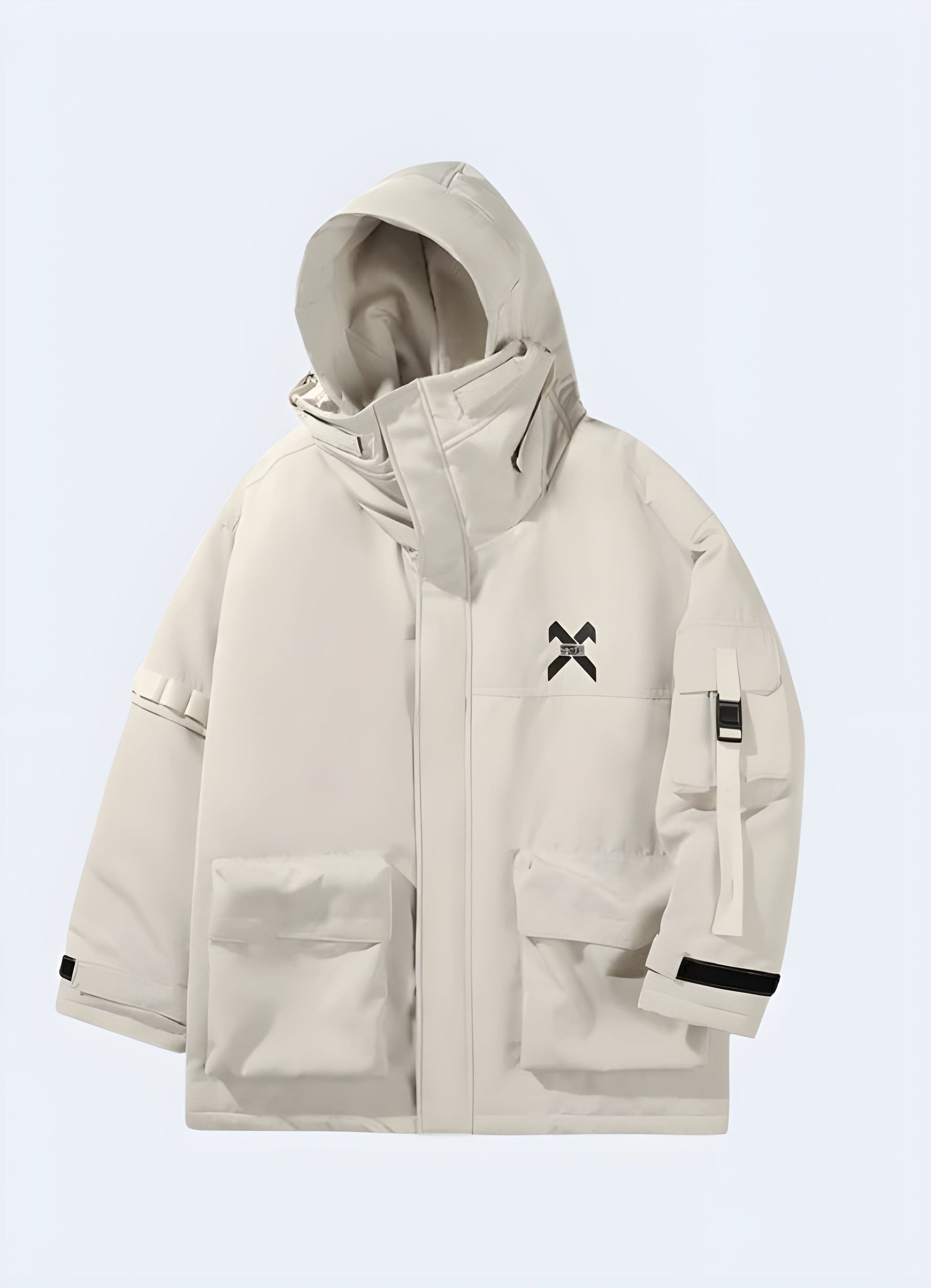 White streetwear jacket with multiple pockets, emphasizing its practical storage options, urban-inspired design, and fashion-forward appeal, ideal for UK consumers seeking a functional and stylish outerwear option.