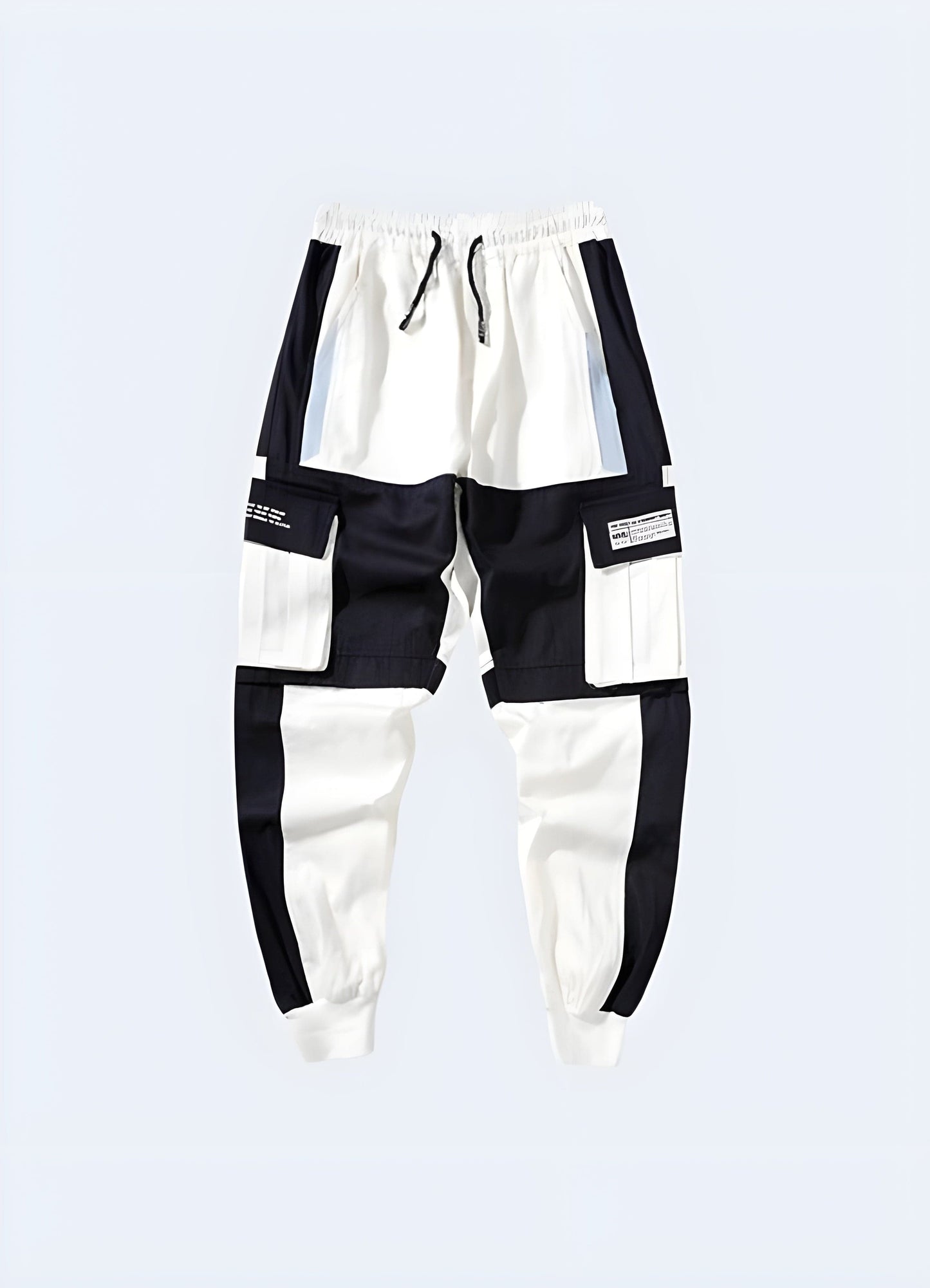 Front view of trendy white techwear pants, highlighting the garment's futuristic design and premium construction, ideal for UK consumers seeking a bold and cutting-edge look.